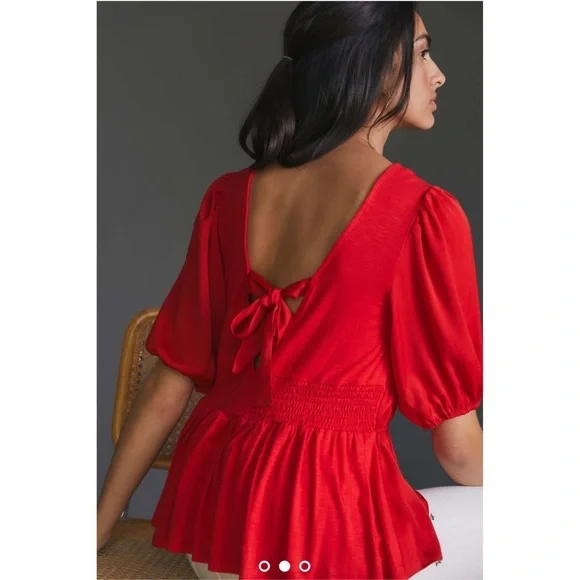 ANTHROPOLOGIE Cut Out Deep V-Neck Short Sleeve Blouse Top Smocked Red Size S NWT - Picture 4 of 5